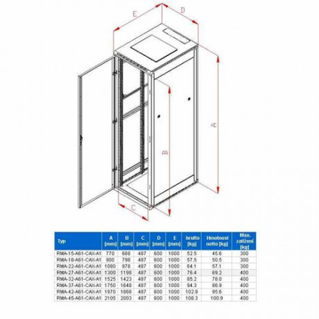 Rack Triton 19'' stojanový 42U/600x1000 prosklené dveře, šedý