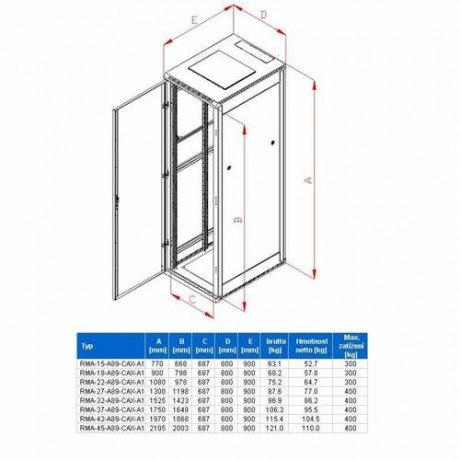 Rack Triton 19'' stojanový 15U/800x900 prosklené dveře, šedý