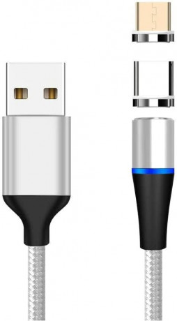 Kabel Magnetický micro USB a USB-C nabíjecí a datový, 1m, stříbrný